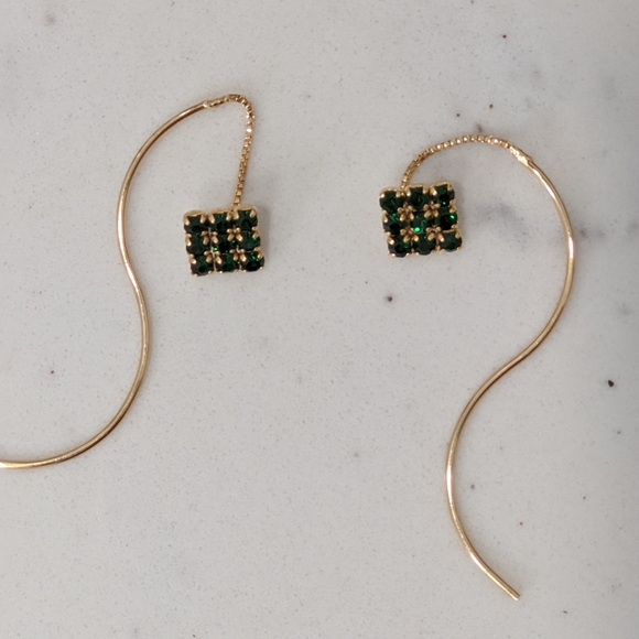 Boho Theader Earrings  Squared Green CZ Earrings - Picture 2 of 6